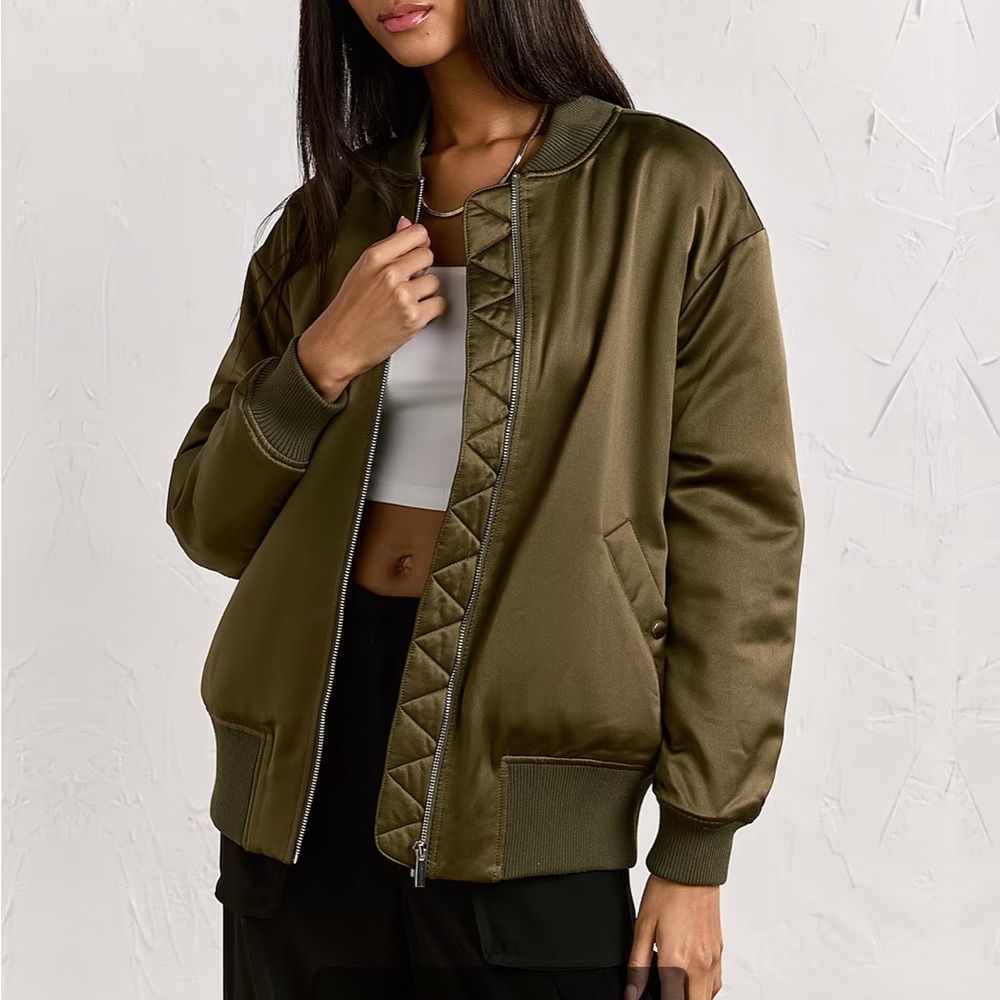 NWT Grey Lab Olive Satin Bomber - small
